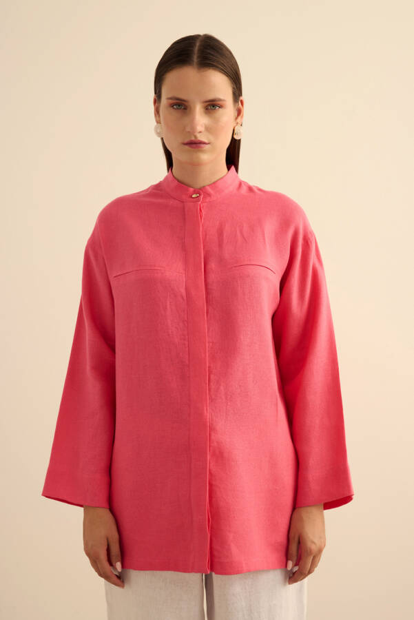 Pembe Hakim Yaka Keten Gömlek - 3