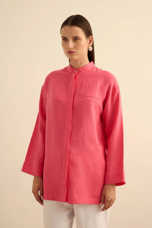 Pembe Hakim Yaka Keten Gömlek - 5