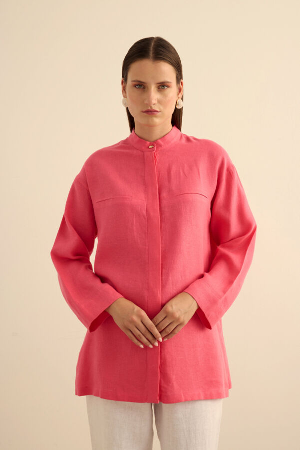 Pembe Hakim Yaka Keten Gömlek - 4