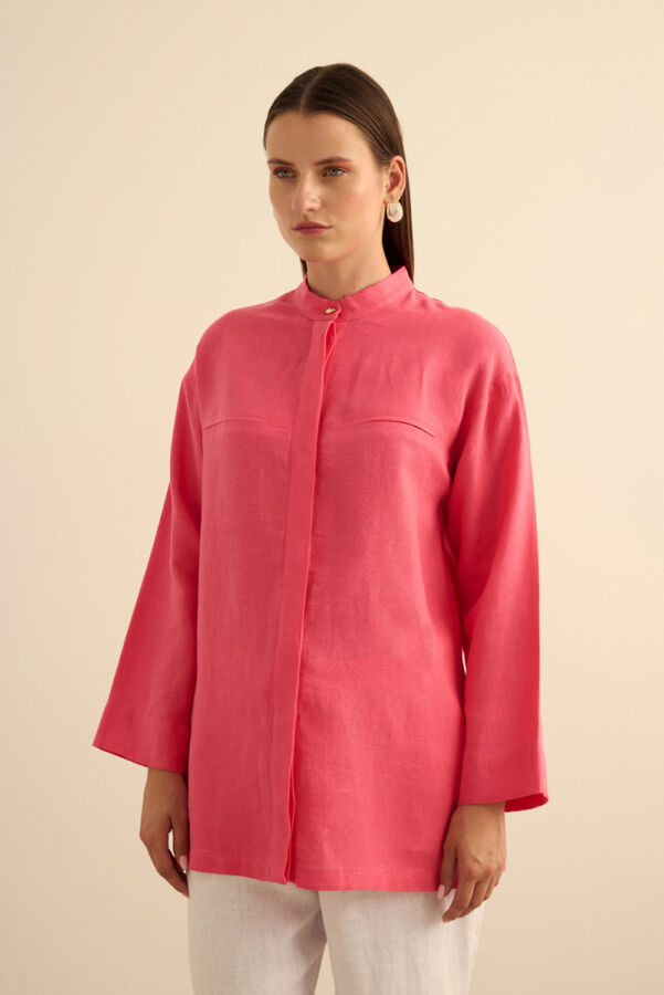 Pembe Hakim Yaka Keten Gömlek - 5
