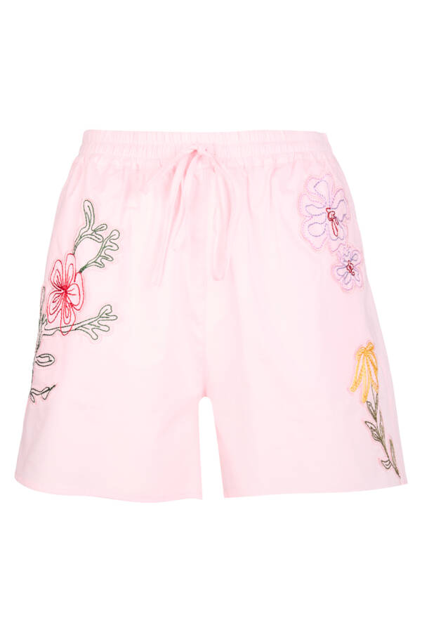 Pembe Renkli Aplike Nakış Detaylı , Beli Lastikli Şort - 1