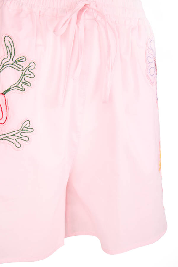 Pembe Renkli Aplike Nakış Detaylı , Beli Lastikli Şort - 2