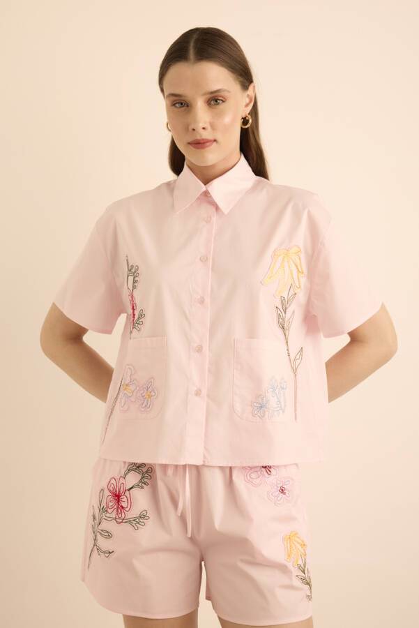 Pembe Renkli Aplike Nakış Detaylı , Önden Düğmeli Cotton Pijama Üst - 1