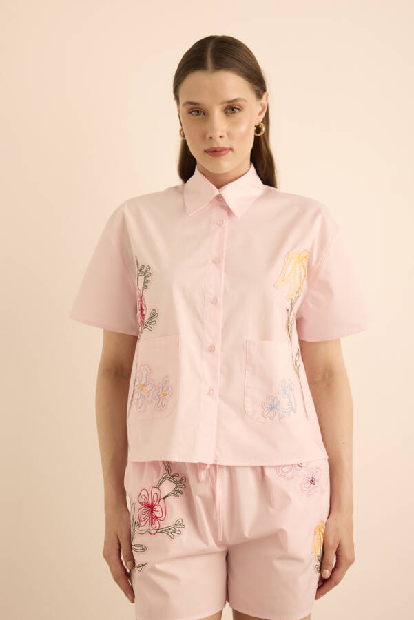 Pembe Renkli Aplike Nakış Detaylı , Önden Düğmeli Cotton Pijama Üst - 2