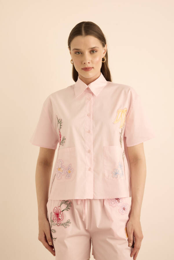 Pembe Renkli Aplike Nakış Detaylı , Önden Düğmeli Cotton Pijama Üst - 4