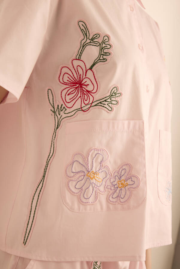 Pembe Renkli Aplike Nakış Detaylı , Önden Düğmeli Cotton Pijama Üst - 5