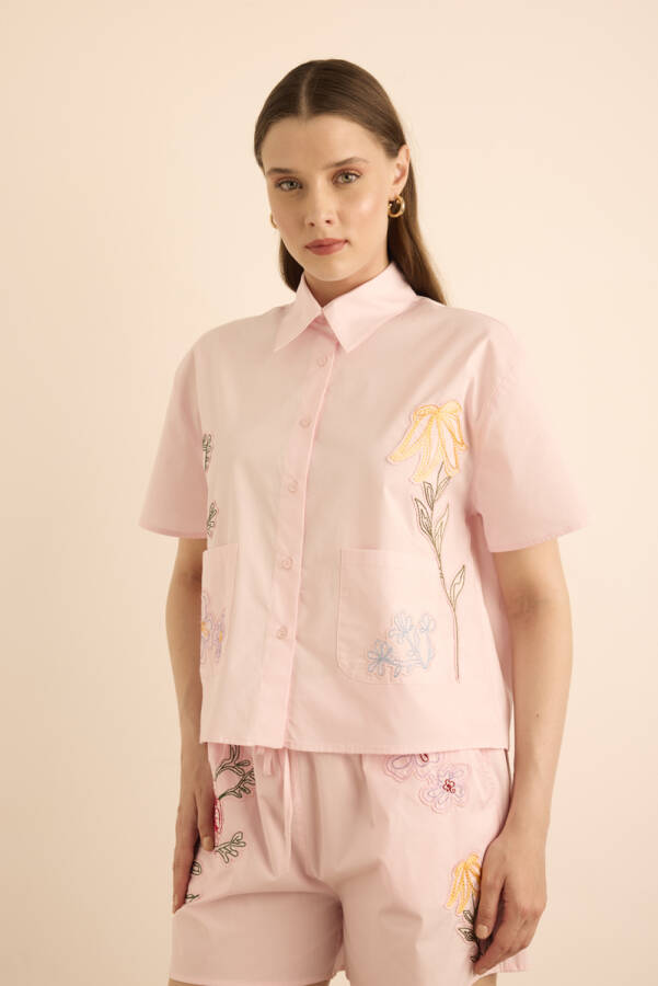 Pembe Renkli Aplike Nakış Detaylı , Önden Düğmeli Cotton Pijama Üst - 3