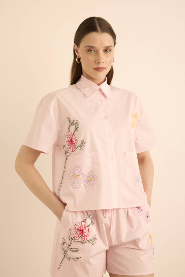 Pembe Renkli Aplike Nakış Detaylı , Önden Düğmeli Cotton Pijama Üst - 6