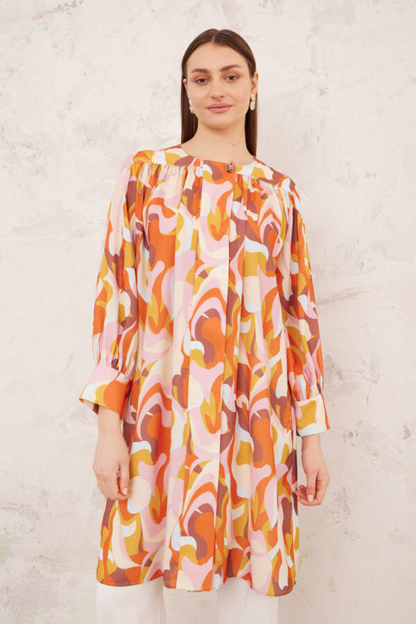 Pembe Robadan Büzgülü Desenli Tunik - 1