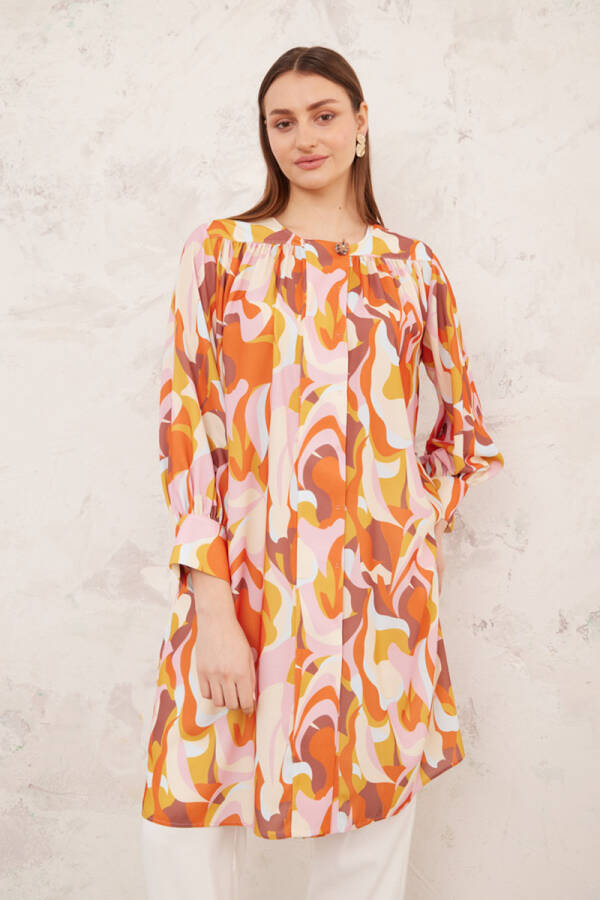 Pembe Robadan Büzgülü Desenli Tunik - 2