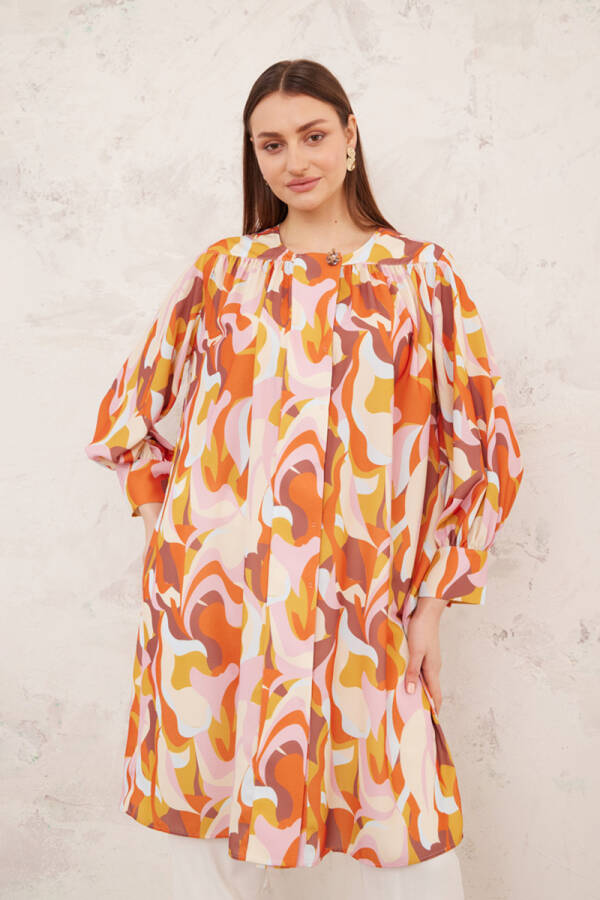 Pembe Robadan Büzgülü Desenli Tunik - 5