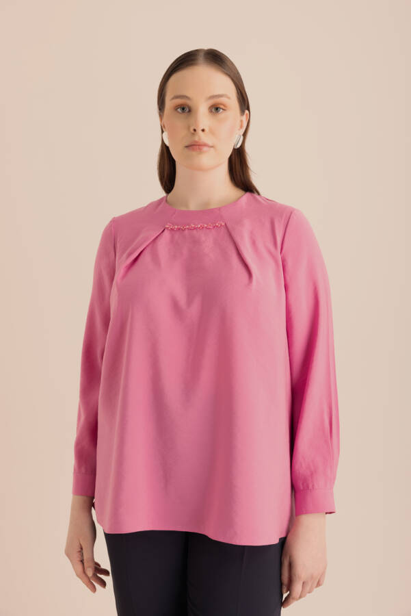 Pembe Yakası Pili ve İşleme Detaylı Dokuma Bluz - 4