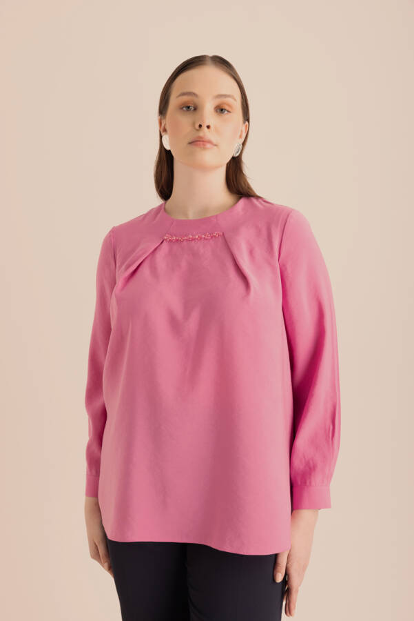 Pembe Yakası Pili ve İşleme Detaylı Dokuma Bluz - 5