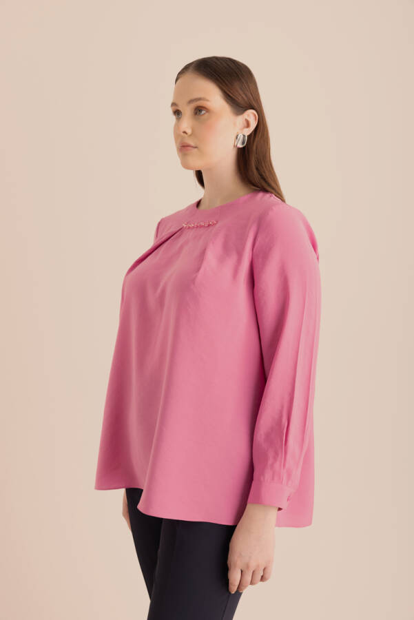 Pembe Yakası Pili ve İşleme Detaylı Dokuma Bluz - 6