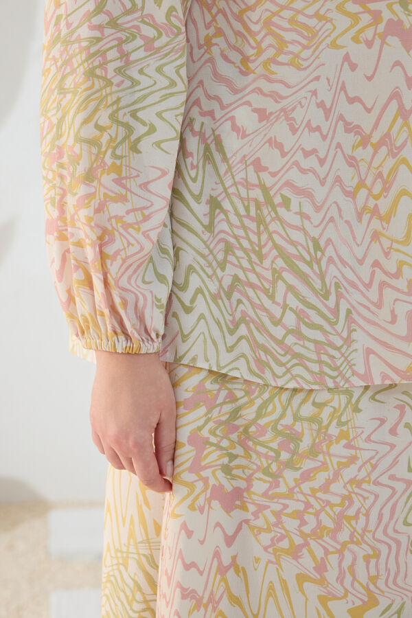 Pudra Bağcık Detaylı Desenli Bluz - 6