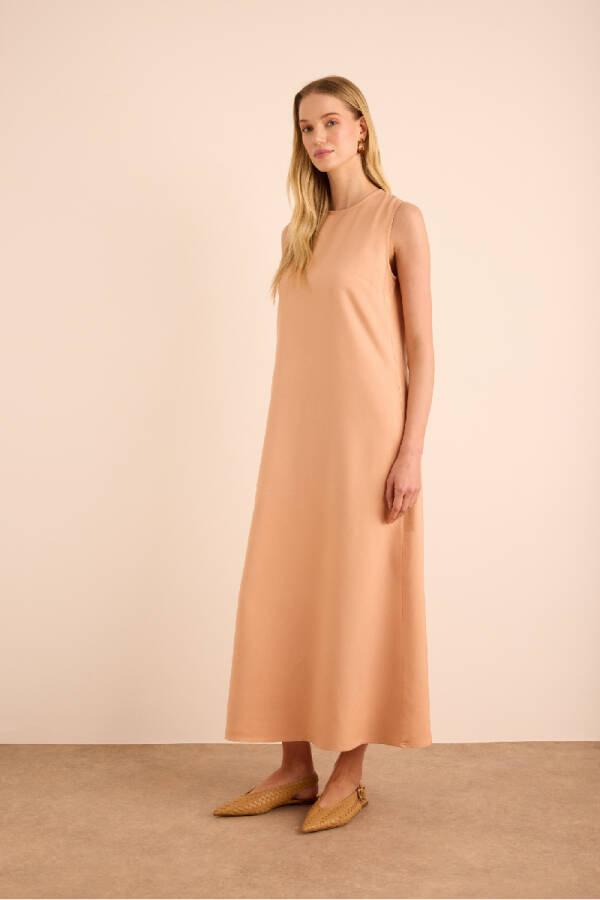 Pudra Vıscon Keten Kolsuz Elbise - 4