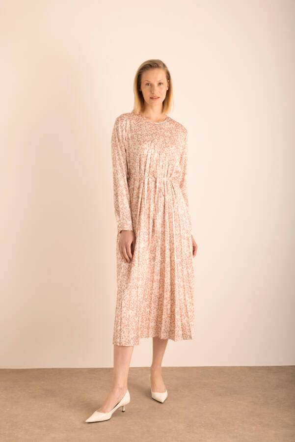 Pudra Kare Desenli Pilisoley Detaylı Bağlamalı Elbise - 1