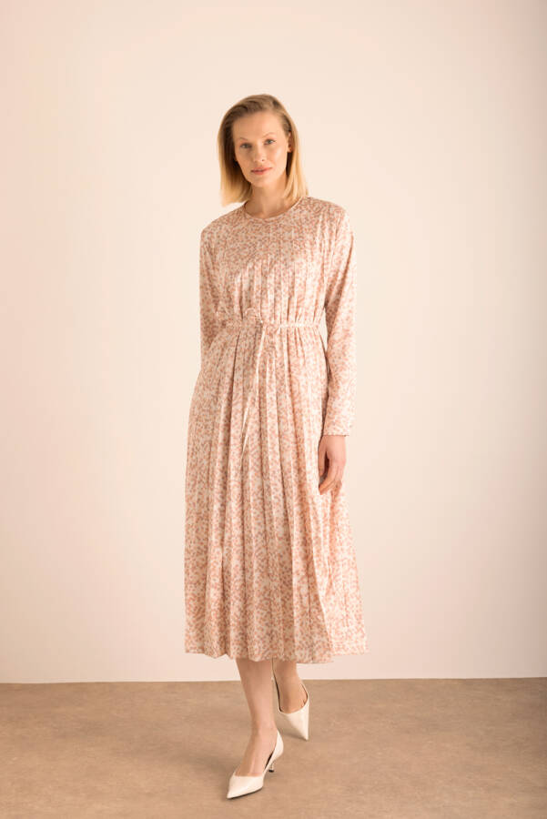 Pudra Kare Desenli Pilisoley Detaylı Bağlamalı Elbise - 2