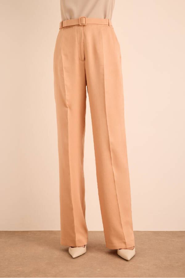 Pudra Kemer Detaylı Viscon Keten Pantolon - 3