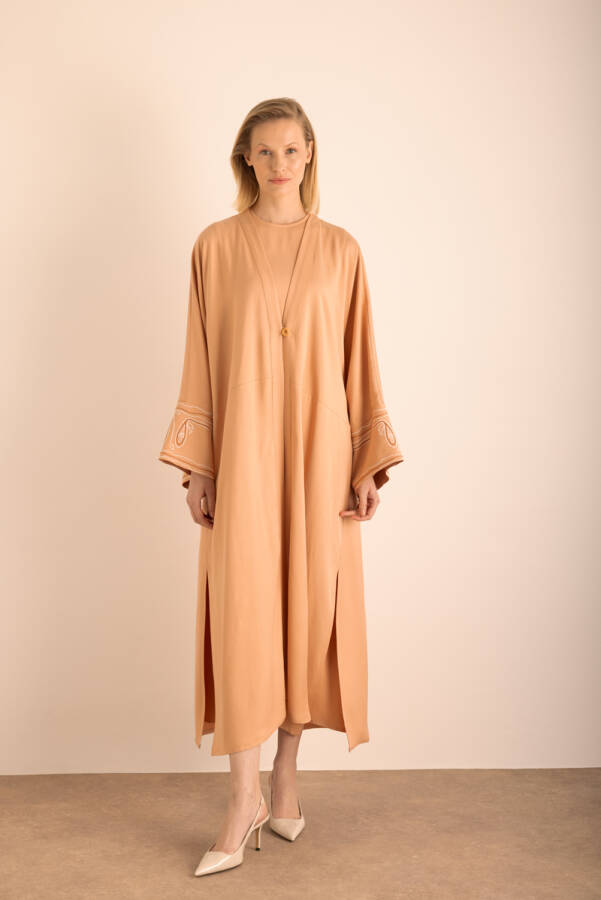 Pudra Kolu Nakış Detaylı Viscon Keten Kımono - Aker