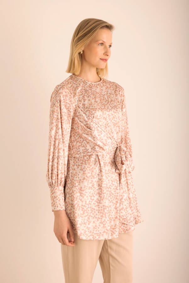 Pudra Küçük Kare Desenli Beli Bağlama Detaylı Bluz - 3