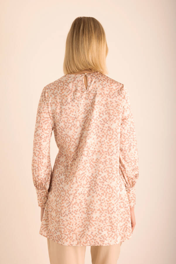 Pudra Küçük Kare Desenli Beli Bağlama Detaylı Bluz - 7