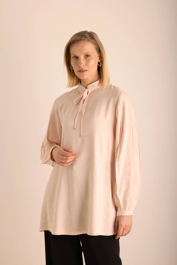 Pudra Kumaşı Özel Dokumalı ,Kollları Dikişli ve Hacimli ,Viscon Keten Tunik - 6