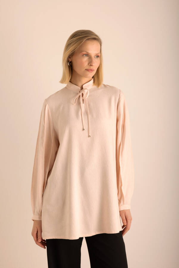 Pudra Kumaşı Özel Dokumalı ,Kollları Dikişli ve Hacimli ,Viscon Keten Tunik - 3