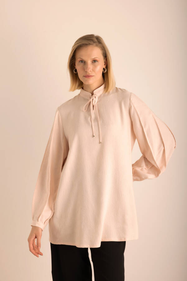 Pudra Kumaşı Özel Dokumalı ,Kollları Dikişli ve Hacimli ,Viscon Keten Tunik - 1