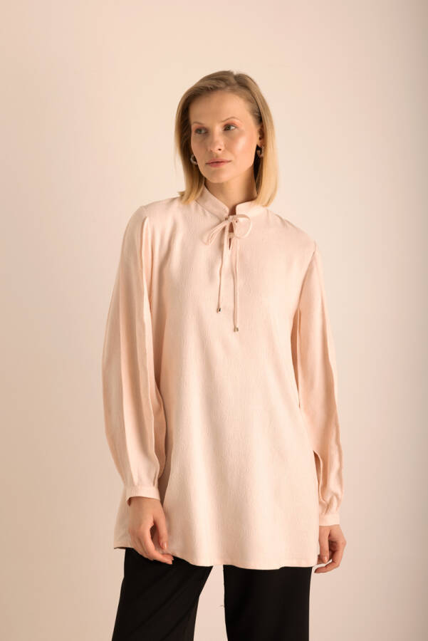 Pudra Kumaşı Özel Dokumalı ,Kollları Dikişli ve Hacimli ,Viscon Keten Tunik - 2