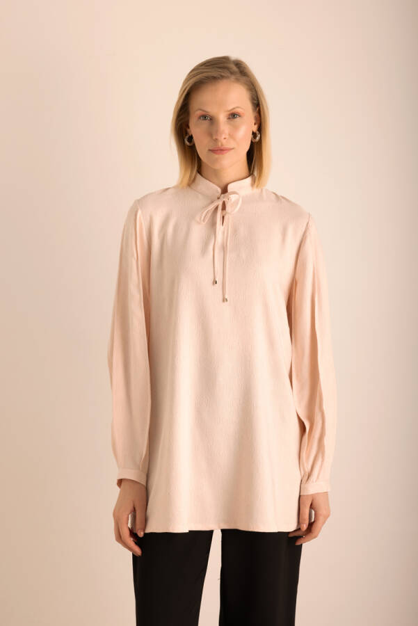 Pudra Kumaşı Özel Dokumalı ,Kollları Dikişli ve Hacimli ,Viscon Keten Tunik - 5