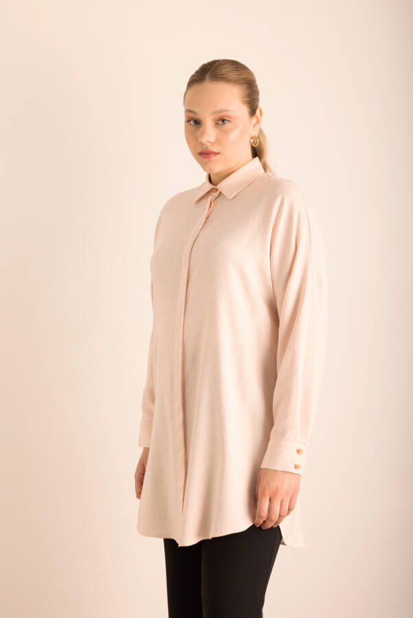 Pudra Özel Dokumalı Kollları Hacimli Viscon Keten Tunik - 5