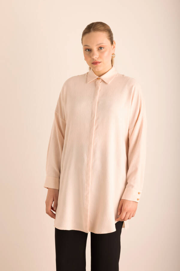 Pudra Özel Dokumalı Kollları Hacimli Viscon Keten Tunik - 3