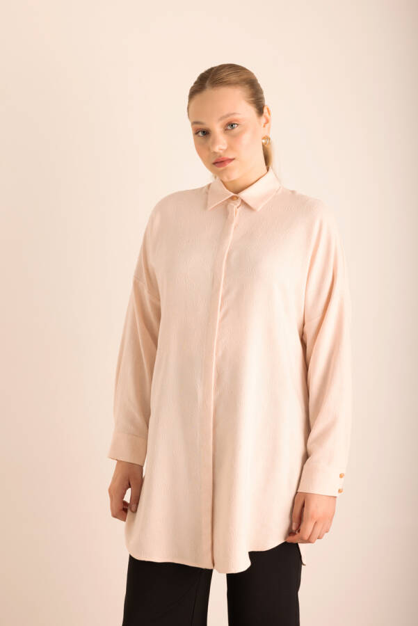 Pudra Özel Dokumalı Kollları Hacimli Viscon Keten Tunik - 6