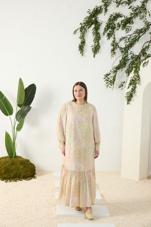 Pudra Volanlı Desenli Elbise - Aker