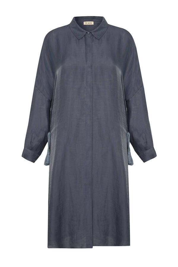 Lacivert Püsküllü Rahat Kesim Keten Tunik - 1