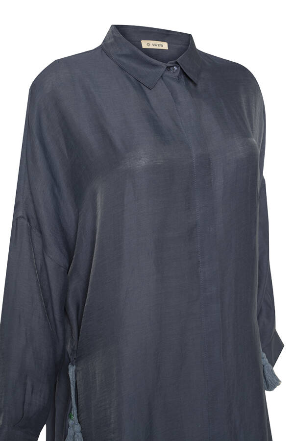 Lacivert Püsküllü Rahat Kesim Keten Tunik - 2