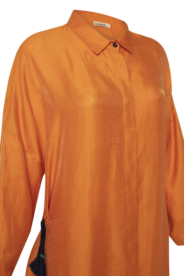 Turuncu Püsküllü Rahat Kesim Keten Tunik - 2