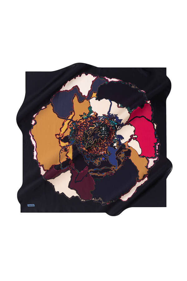 Çiçek Desenli 90X90 İpek Krep Saten Eşarp - 1