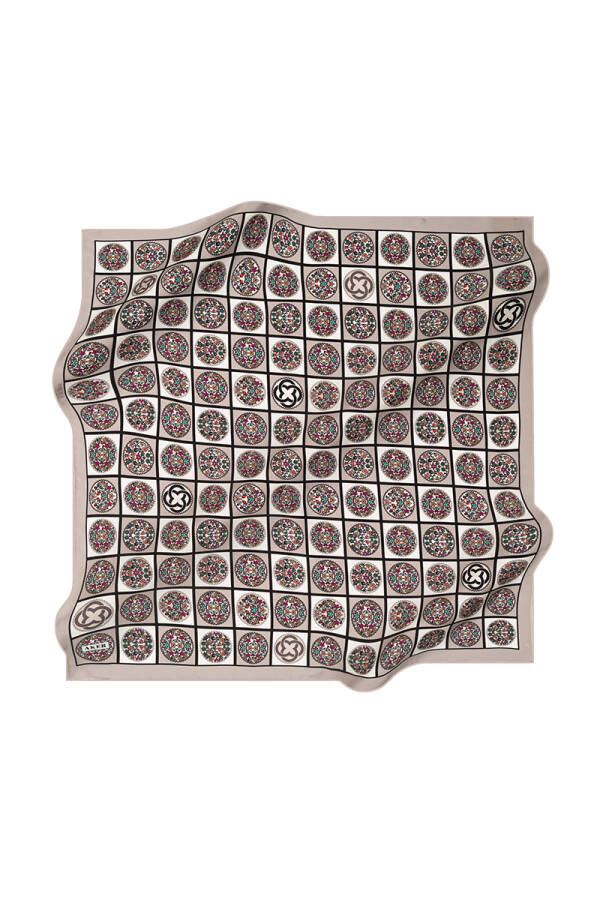 Logo Desenli 90X90 İpek Krep Saten Eşarp - 1
