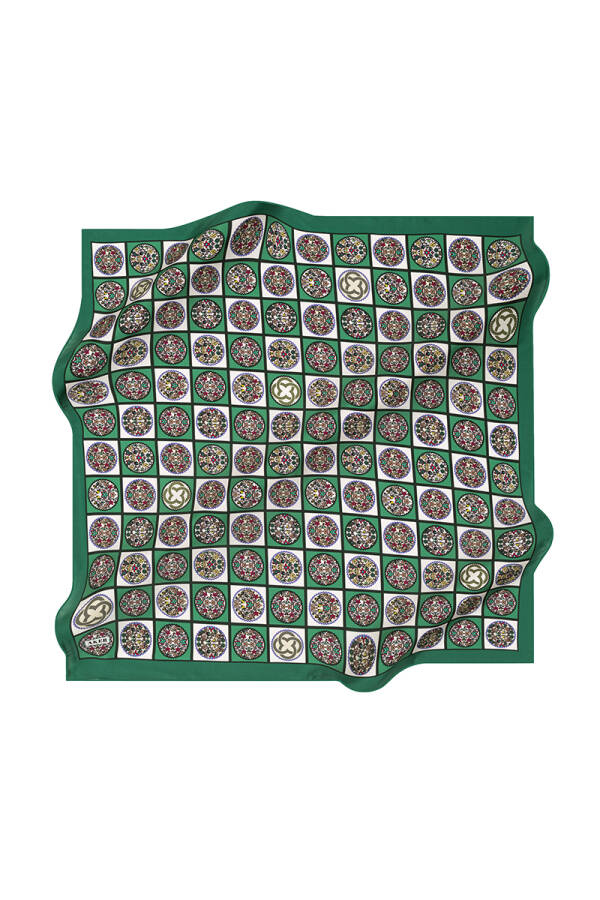 Logo Desenli 90X90 İpek Krep Saten Eşarp - 1