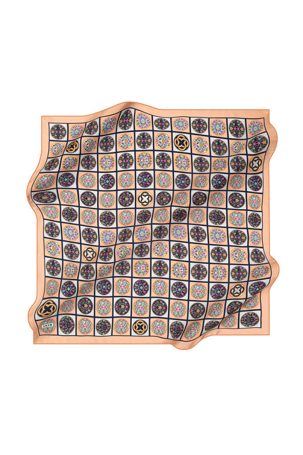 Logo Desenli 90X90 İpek Krep Saten Eşarp - 1