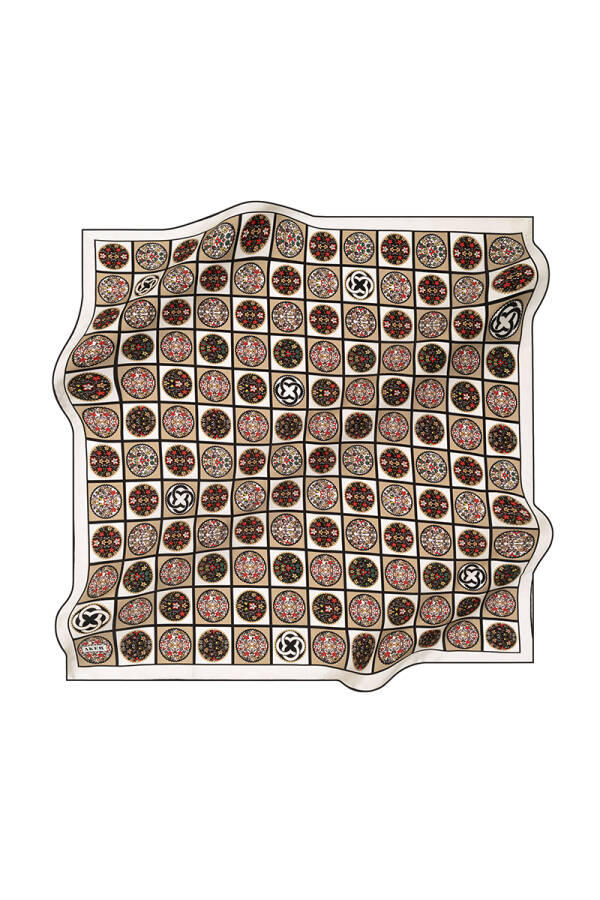Logo Desenli 90X90 Aker İpek Krep Saten Eşarp - 1