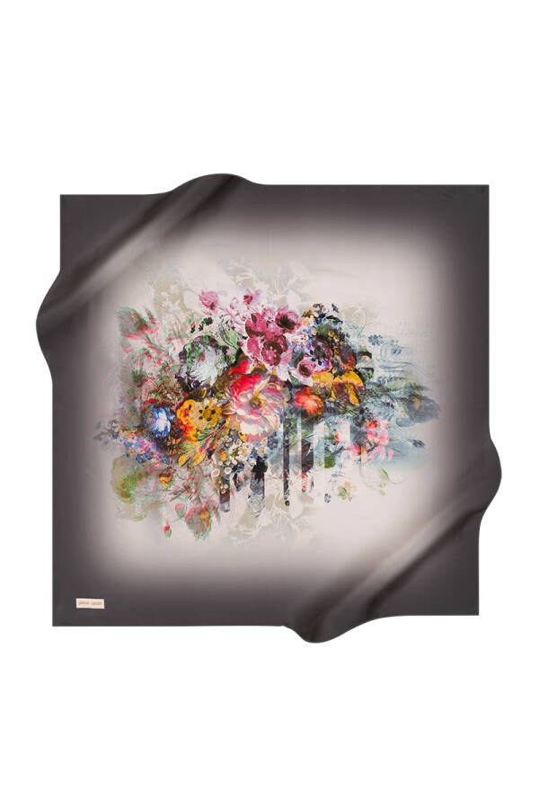 Çiçek Desenli 90X90 İpek Krep Saten Eşarp - 1