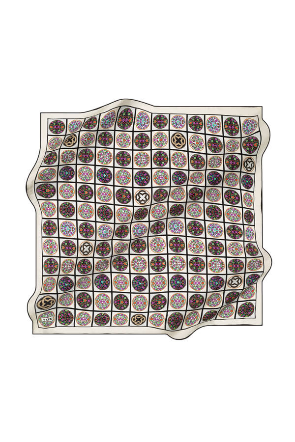Logo Desenli 90X90 İpek Krep Saten Eşarp - 1
