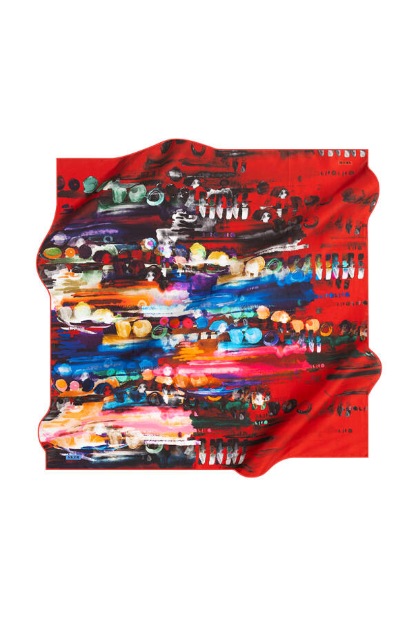 Fırça Desenli 90X90 Aker İpek Krep Saten Eşarp - Aker