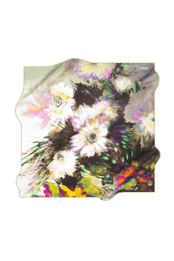 Çiçek Desenli 90X90 Aker İpek Tivil Eşarp - 1