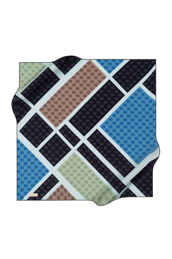 Lacivert İpek Tivil Kare Geometrik Desenli Eşarp - 1