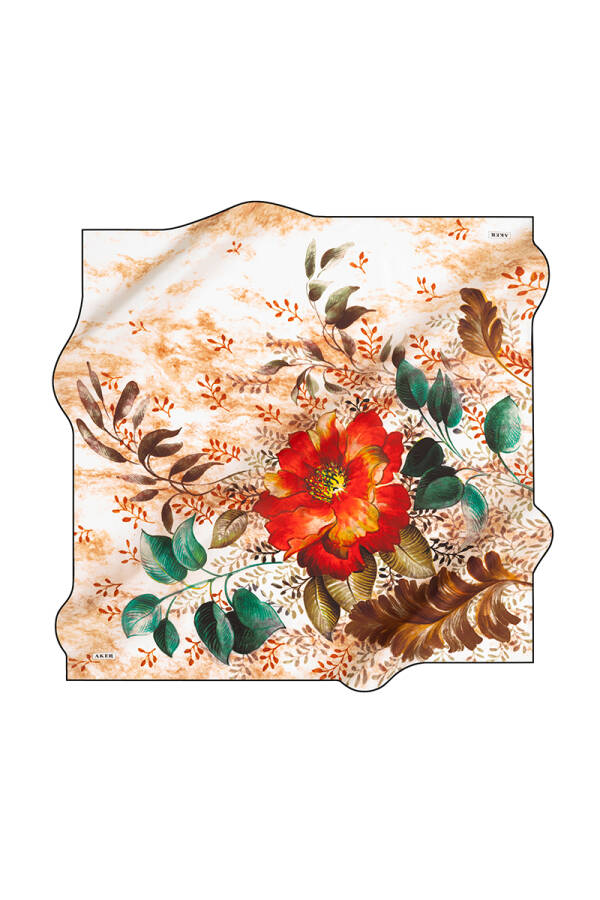 Çiçek Desenli 90X90 Aker İpek Krep Saten Eşarp - Aker