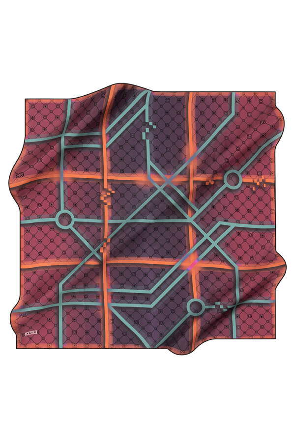 Bordo İpek Kare Geometrik Desenli Eşarp - 1